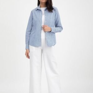 FableStreet Women Shirt | Striped Long Sleeve Polo Collar Button Down | Breathable Linen Blend Fabric | Business Casual & Formal Wear
