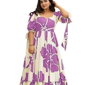 Modestouze Attires Women's Floral Pattern Rayon Blend Maxi Dress with Sweetheart Neck Half Puff Sleeve Floor Length and Zipper Closure Type | Maxi Dress for Women Stylish | Dress for Women