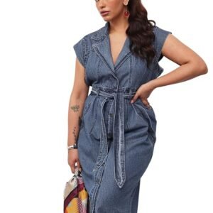 Sassafras Curve Women's Plus Size Blast Denim Notch Collar Button Down Midi Dress